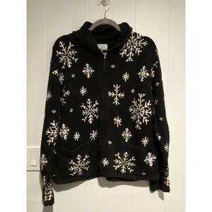 Jones Wear Sport Hand Knit Ramie Cotton Sweater Snowflakes Black Zip Sz Large